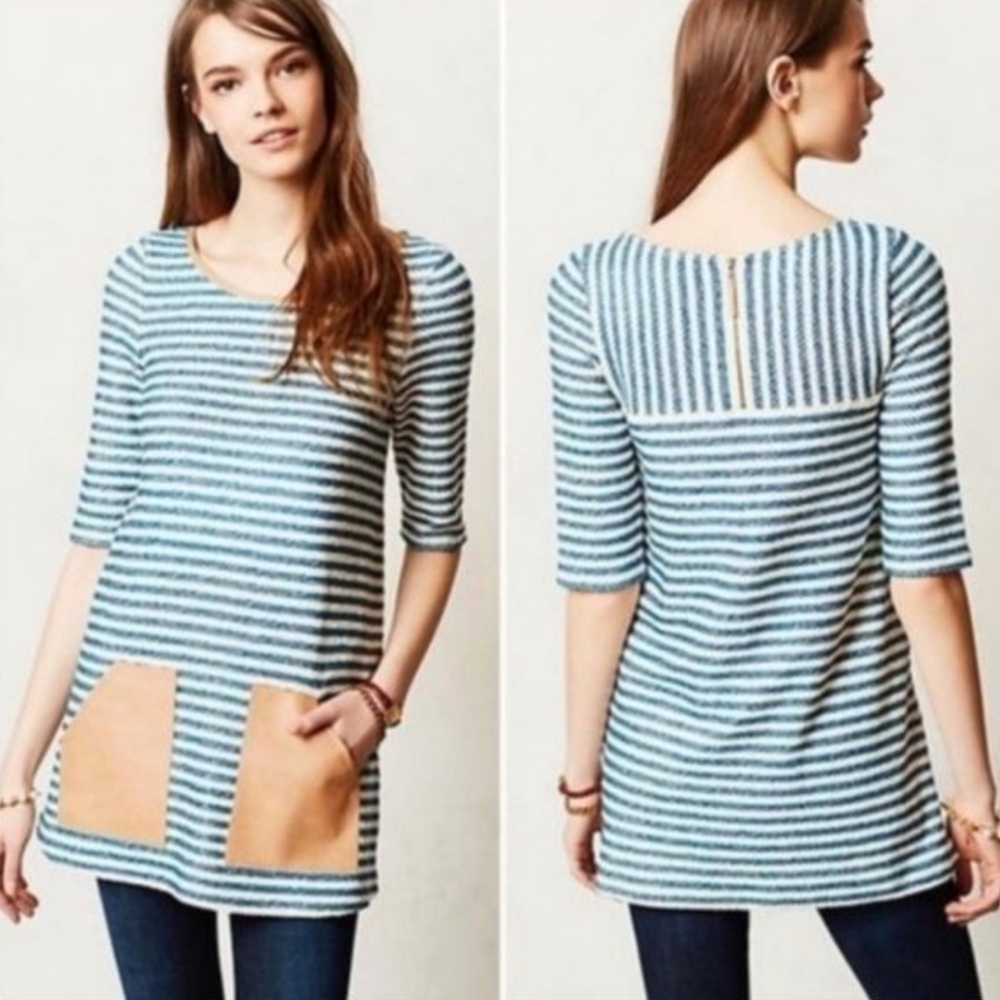 Anthropologie Blue and White Striped Tunic with Tan Patch Pockets
